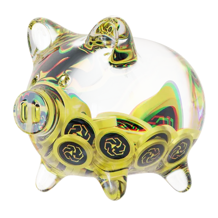 Leo – Sparschwein aus klarem Glas mit abnehmendem Stapel an Kryptomünzen  3D Icon
