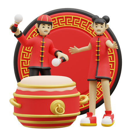 Des enfants chinois battent du tambour  3D Illustration