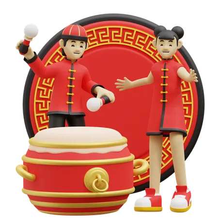 Des enfants chinois battent du tambour  3D Illustration