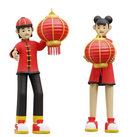 Des enfants chinois allument une lanterne rouge  3D Illustration