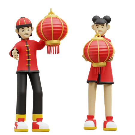 Des enfants chinois allument une lanterne rouge  3D Illustration