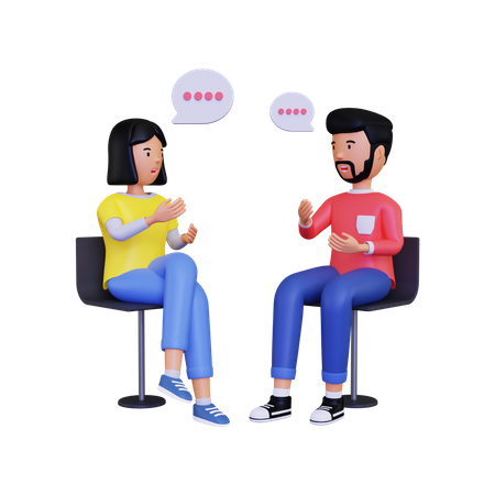 Les personnages masculins et féminins en 3D ont une conversation assis sur une chaise  3D Illustration