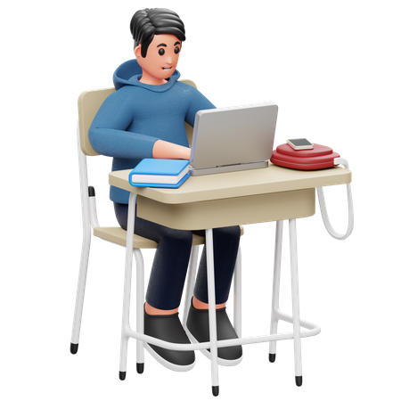 Un étudiant joue à un ordinateur portable  3D Illustration
