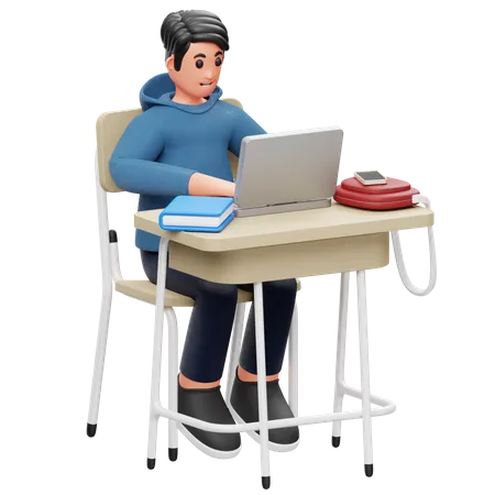 Un étudiant joue à un ordinateur portable  3D Illustration
