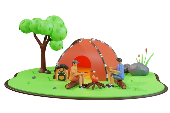 Leute, die auf einem Campingplatz im Dschungel campen  3D Illustration