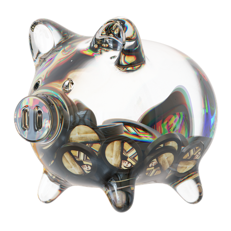 Menschen durchsichtiges Sparschwein aus Glas mit abnehmendem Stapel an Kryptomünzen  3D Icon