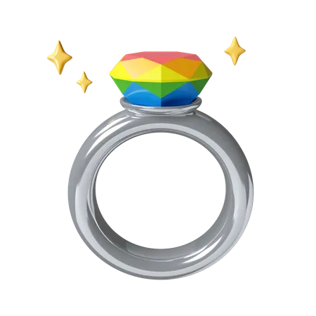 3 D Render Of A Silver Engagement Ring Featuring A Rainbow Colored Gem Symbolizing LGBTQ Pride And Love Ideal For Pride Month Marriage Equality And LGBTQ Celebrations 3D Icon