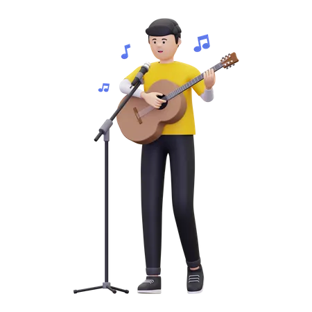 L'homme chante une chanson en jouant de la guitare  3D Illustration