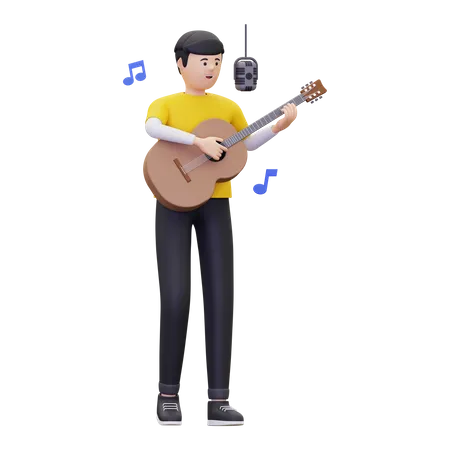 L'homme chante une chanson en jouant de la guitare  3D Illustration