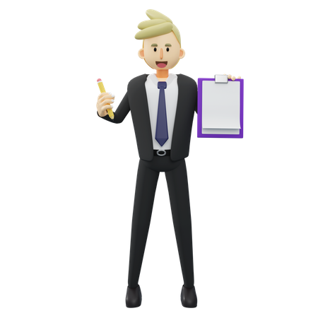 L'homme d'affaires tient un crayon et un presse-papiers  3D Icon