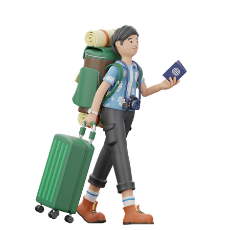 L'homme marche tout en tenant une valise et un passeport  3D Illustration