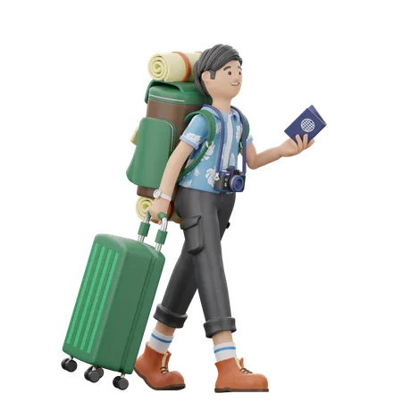 L'homme marche tout en tenant une valise et un passeport  3D Illustration