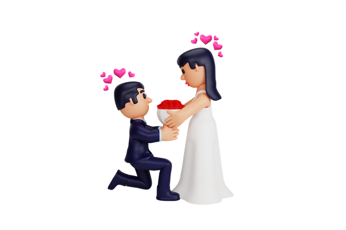 L'homme propose à une fille avec un bouquet de fleurs  3D Icon