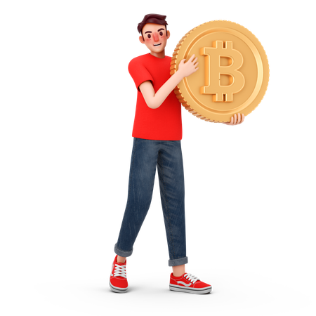 Un homme détient du Bitcoin  3D Illustration