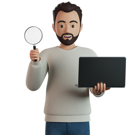 L'homme tient une loupe et un ordinateur portable à la main  3D Icon