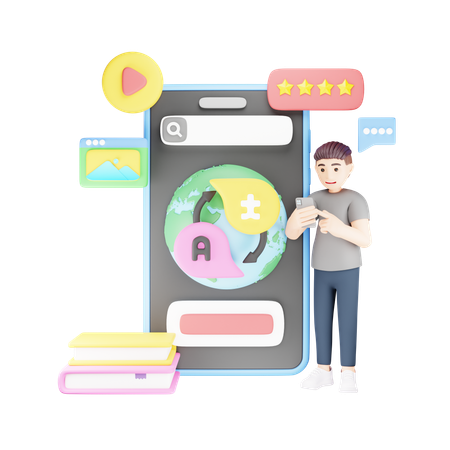 L'homme traduit une langue mondiale à l'aide d'une application  3D Icon