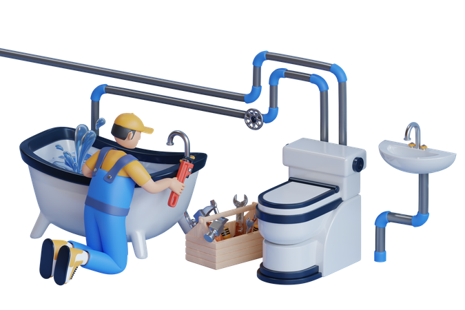 L'homme utilise une clé et du ruban adhésif pour réparer le robinet d'eau dans la baignoire  3D Illustration