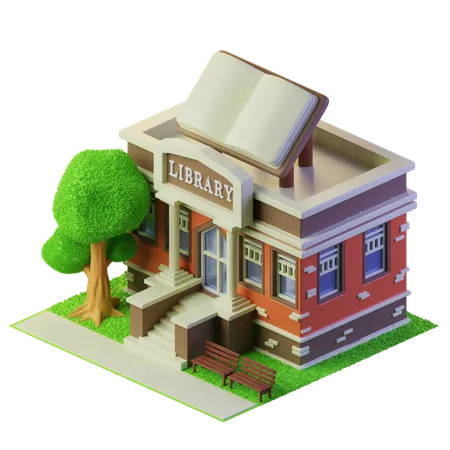 Library Isometric Building With Chair In Front And Tree 3D Illustration