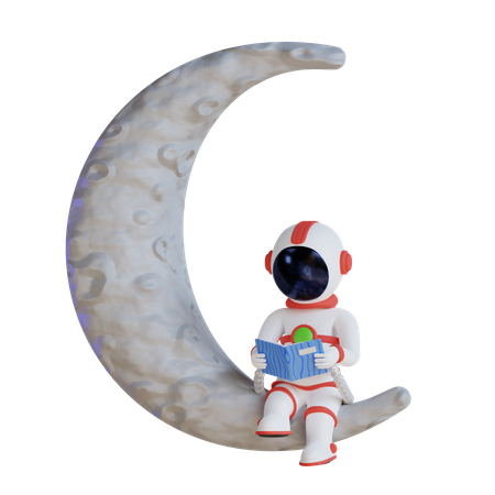 Libro de lectura de astronauta en la luna  3D Illustration