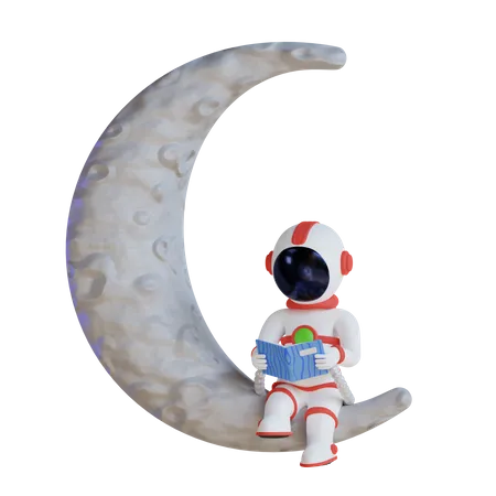 Libro de lectura de astronauta en la luna  3D Illustration