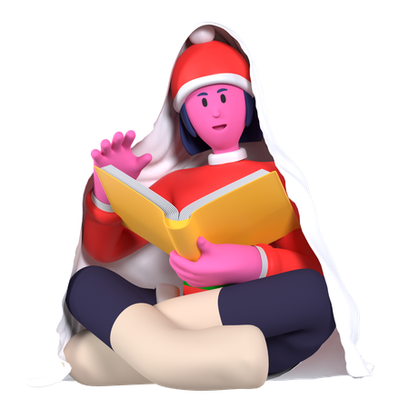 Libro de lectura de niña de Navidad con manta  3D Icon