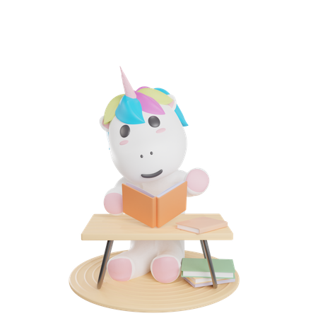 Libro de lectura de unicornio  3D Illustration