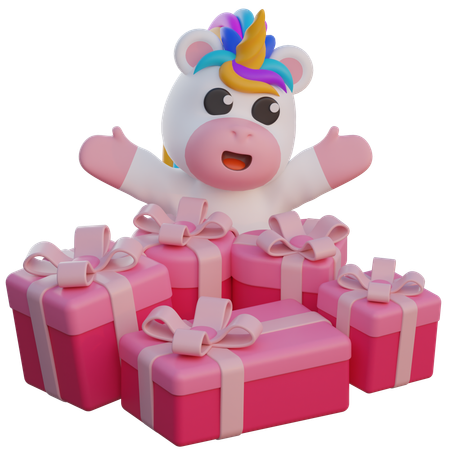 Licorne avec de nombreux coffrets cadeaux  3D Illustration