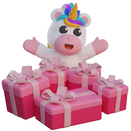 Licorne avec de nombreux coffrets cadeaux  3D Illustration