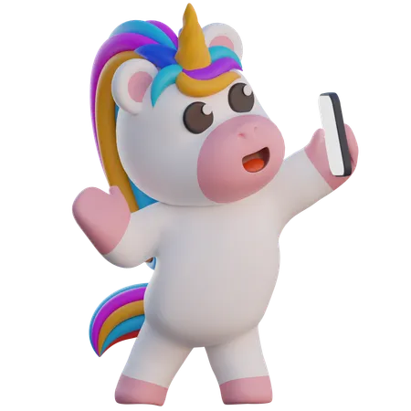 Licorne faisant un selfie avec un smartphone  3D Illustration