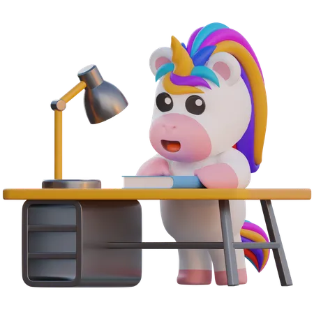 La licorne étudie au bureau  3D Illustration