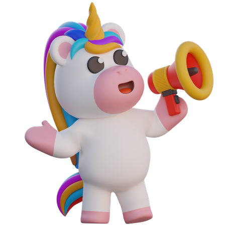 La licorne fait de la promotion avec un mégaphone  3D Illustration