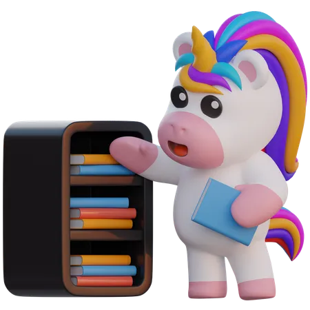 Licorne organiser des livres  3D Illustration