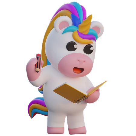 La licorne prend des notes  3D Illustration