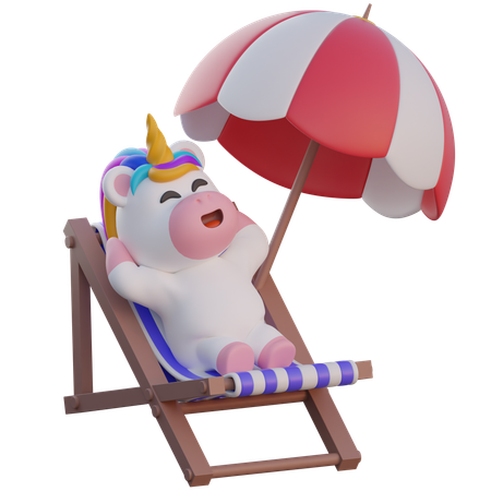 Licorne relaxante sur une chaise de plage  3D Illustration