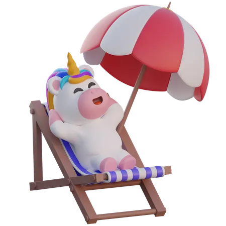 Licorne relaxante sur une chaise de plage  3D Illustration