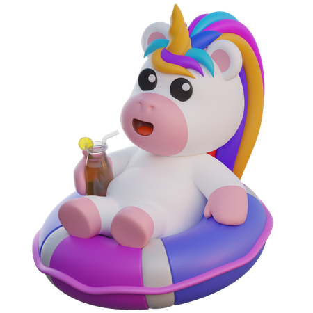 Licorne se détendant sur une bouée de sauvetage et buvant du jus  3D Illustration