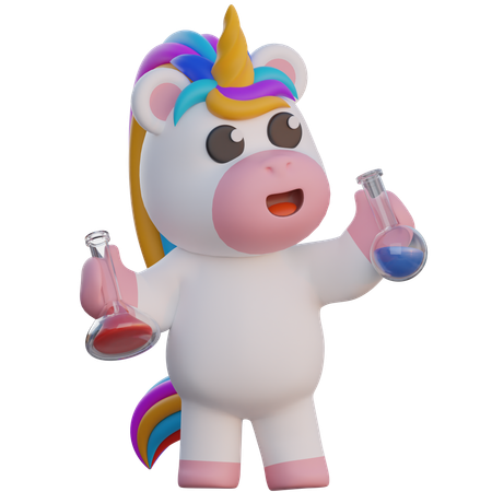 Licorne tenant une fiole chimique  3D Illustration