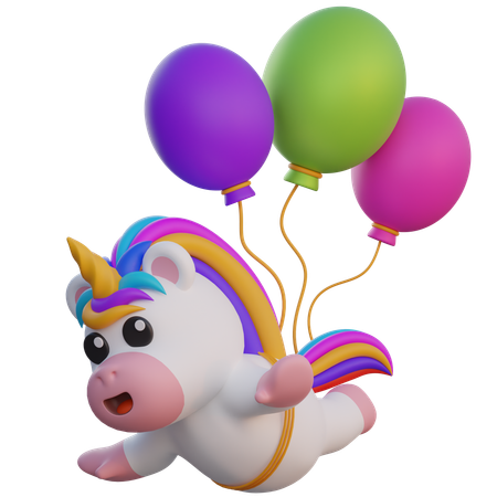 Licorne volant avec des ballons  3D Illustration