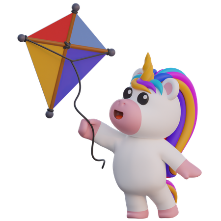 Licorne faisant voler un cerf-volant  3D Illustration