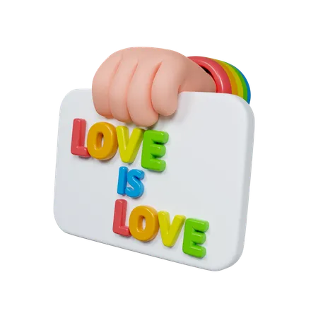 3 D Darstellung Einer Hand Mit Regenbogenarmbandern Die Ein Schild Mit Der Aufschrift Love Is Love Halt Das LGBTQ Stolz Und Unterstutzung Symbolisiert Ideal Fur Pride Month Feiern Und Visuelle Darstellungen Von Inklusivitat 3D Icon