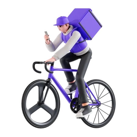 Lieferant fährt Fahrrad und überprüft den Standort  3D Illustration