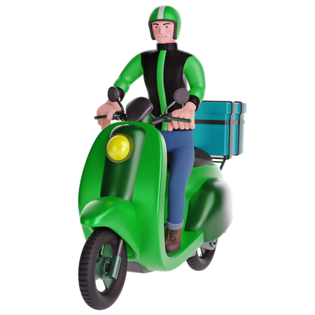 Lieferant auf einem Motorrad mit Lieferbox  3D Illustration