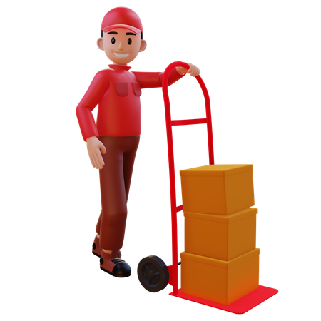 Lieferbote steht auf einem logistischen Einkaufswagen  3D Icon