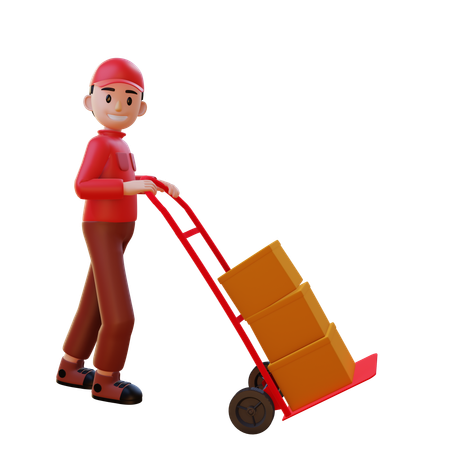 Lieferbote schiebt logistischen Einkaufswagen  3D Icon