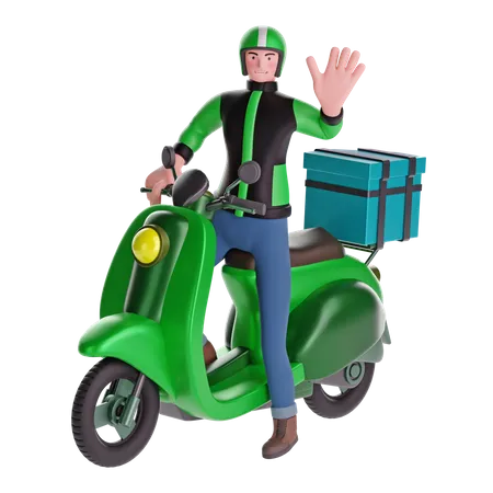 Lieferant winkt, während er mit Lieferkarton auf dem Motorrad fährt  3D Illustration