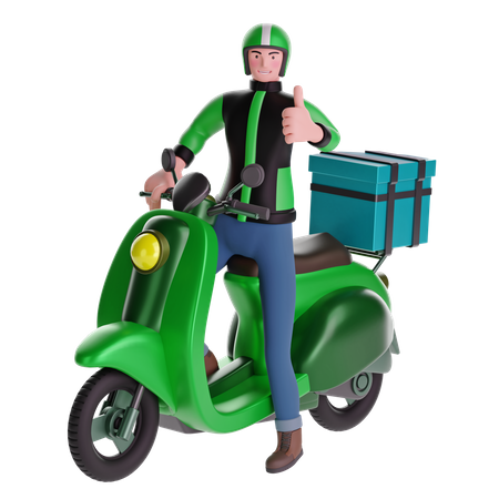 Lieferant Daumen hoch beim Motorradfahren mit Lieferkarton  3D Illustration