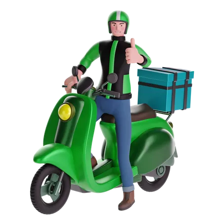 Lieferant Daumen hoch beim Motorradfahren mit Lieferkarton  3D Illustration