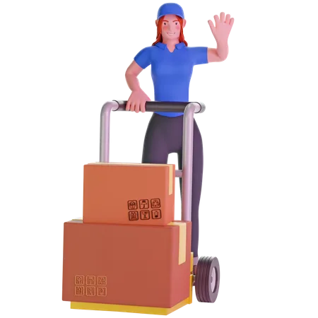 Liefermädchen und Holding Trolley beladen mit Kartons  3D Illustration