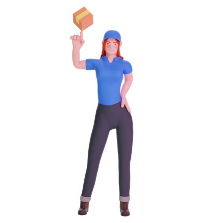 Liefermädchen in Uniform spielt mit Kartonpaket  3D Illustration