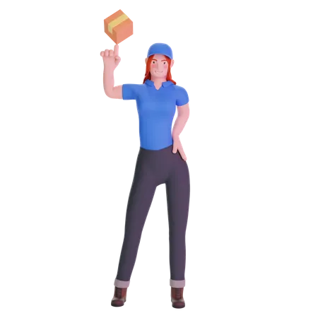 Liefermädchen in Uniform spielt mit Kartonpaket  3D Illustration